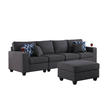 Lilola Home Cooper Dark Gray Linen 4-Seater Sofa with Ottoman and Cupholder 89132-16A
