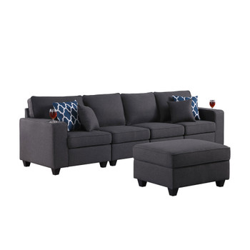 Lilola Home Cooper Dark Gray Linen 4-Seater Sofa with Ottoman and Cupholder 89132-16B
