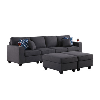 Lilola Home Cooper Dark Gray Linen 4-Seater Sofa with 2 Ottomans and Cupholder 89132-17B
