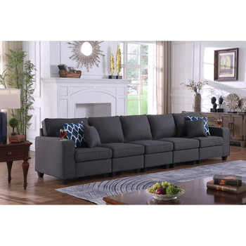 Lilola Home Cooper Dark Gray Linen 5-Seater Sofa with Cupholder 89132-18
