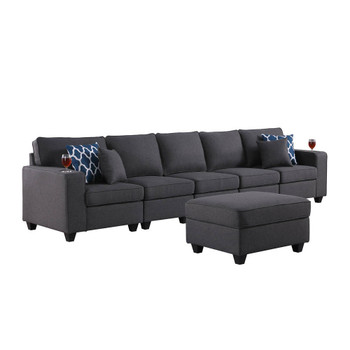 Lilola Home Cooper Dark Gray Linen 5-Seater Sofa with Ottoman and Cupholder 89132-19A
