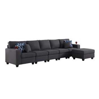 Lilola Home Cooper Dark Gray Linen 5-Seater Sofa with Ottoman and Cupholder 89132-19A
