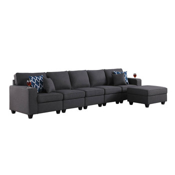 Lilola Home Cooper Dark Gray Linen 5-Seater Sofa with Ottoman and Cupholder 89132-19B
