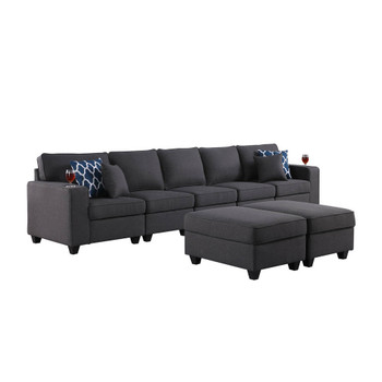 Lilola Home Cooper Dark Gray Linen 5-Seater Sofa with 2 Ottomans and Cupholder 89132-20A
