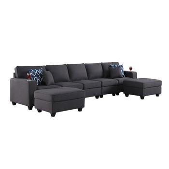 Lilola Home Cooper Dark Gray Linen 5-Seater Sofa with 2 Ottomans and Cupholder 89132-20A
