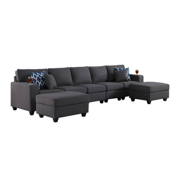 Lilola Home Cooper Dark Gray Linen 5-Seater Sofa with 2 Ottomans and Cupholder 89132-20B
