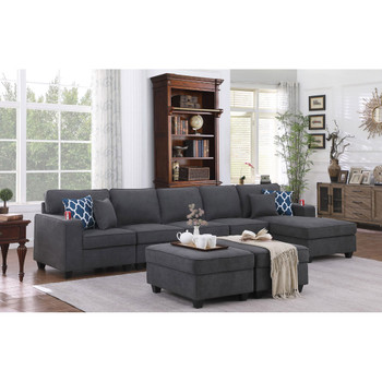 Lilola Home Cooper Stone Gray Woven Fabric Sectional Sofa Chaise with 2 Ottomans and Cupholder 89133-8
