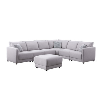 Lilola Home Penelope Light Gray Linen Fabric Reversible 7PC Modular Sectional Sofa with Ottoman and Pillows 89126-1A

