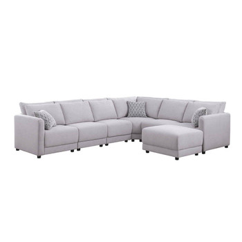 Lilola Home Penelope Light Gray Linen Fabric Reversible 7PC Modular Sectional Sofa with Ottoman and Pillows 89126-1B
