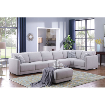 Lilola Home Penelope Light Gray Linen Fabric Reversible 7PC Modular Sectional Sofa with Ottoman and Pillows 89126-2
