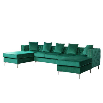 Lilola Home Ryan Green Velvet Double Chaise Sectional Sofa with Nail-Head Trim 87841GN