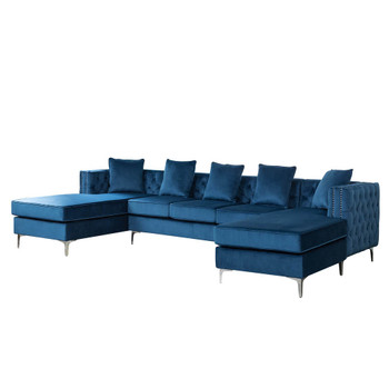 Lilola Home Ryan Deep Blue Velvet Double Chaise Sectional Sofa with Nail-Head Trim 87841BU