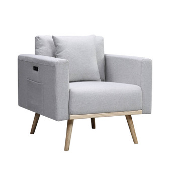 Lilola Home Easton Light Gray Linen Fabric Chair with USB Charging Ports Pockets & Pillows 81370LG-C