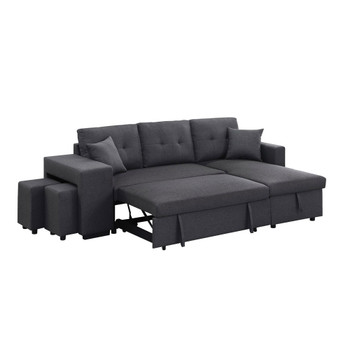 Lilola Home Dennis Dark Gray Linen Fabric Reversible Sleeper Sectional with Storage Chaise and 2 Stools 81365