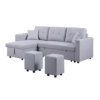 Lilola Home Dennis Light Gray Linen Fabric Reversible Sleeper Sectional with Storage Chaise and 2 Stools 81366