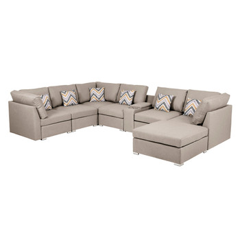 Lilola Home Lucy Beige Fabric Reversible Modular Sectional Sofa with USB Console and Ottoman 889820-6A