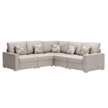 Lilola Home Nolan Beige Linen Fabric 5Pc Reversible Sectional Sofa with Pillows and Interchangeable Legs 89420-1