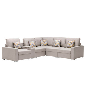 Lilola Home Nolan Beige Linen Fabric 6Pc Reversible Sectional Sofa with a USB, Charging Ports, Cupholders, Storage Console Table and Pillows and Interchangeable Legs 89420-2B