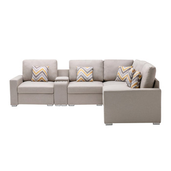 Lilola Home Nolan Beige Linen Fabric 6Pc Reversible Sectional Sofa with a USB, Charging Ports, Cupholders, Storage Console Table and Pillows and Interchangeable Legs 89420-2B