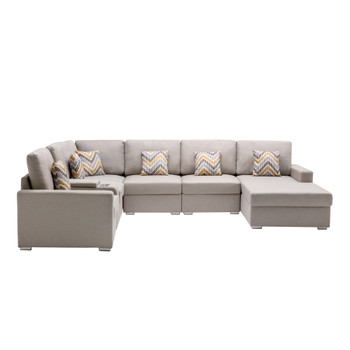 Lilola Home Nolan Beige Linen Fabric 7Pc Reversible Chaise Sectional Sofa with a USB, Charging Ports, Cupholders, Storage Console Table and Pillows and Interchangeable Legs 89420-3A