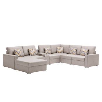 Lilola Home Nolan Beige Linen Fabric 7Pc Reversible Chaise Sectional Sofa with a USB, Charging Ports, Cupholders, Storage Console Table and Pillows and Interchangeable Legs 89420-4B