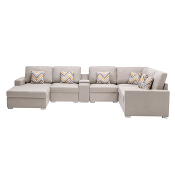 Lilola Home Nolan Beige Linen Fabric 7Pc Reversible Chaise Sectional Sofa with a USB, Charging Ports, Cupholders, Storage Console Table and Pillows and Interchangeable Legs 89420-4B