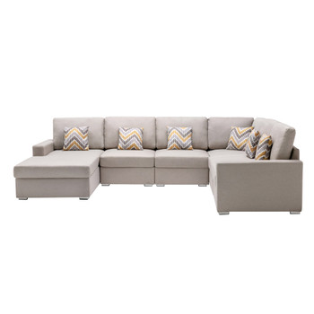 Lilola Home Nolan Beige Linen Fabric 6Pc Reversible Chaise Sectional Sofa with Pillows and Interchangeable Legs 89420-5B