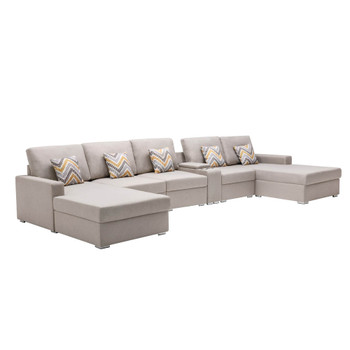 Lilola Home Nolan Beige Linen Fabric 6Pc Double Chaise Sectional Sofa with Interchangeable Legs, a USB, Charging Ports, Cupholders, Storage Console Table and Pillows 89420-6A