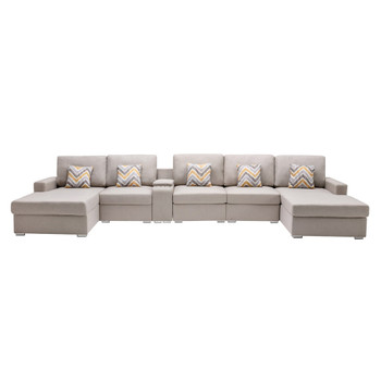Lilola Home Nolan Beige Linen Fabric 6Pc Double Chaise Sectional Sofa with Interchangeable Legs, a USB, Charging Ports, Cupholders, Storage Console Table and Pillows 89420-6B