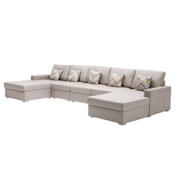 Lilola Home Nolan Beige Linen Fabric 5Pc Double Chaise Sectional Sofa with Pillows and Interchangeable Legs 89420-7