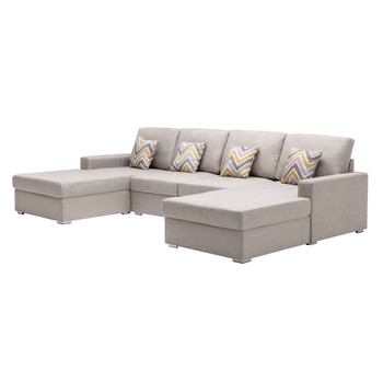 Lilola Home Nolan Beige Linen Fabric 4Pc Double Chaise Sectional Sofa with Pillows and Interchangeable Legs 89420-9