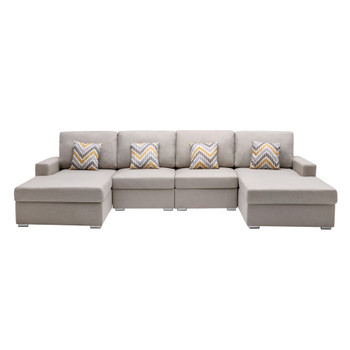 Lilola Home Nolan Beige Linen Fabric 4Pc Double Chaise Sectional Sofa with Pillows and Interchangeable Legs 89420-9