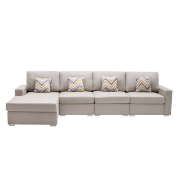 Lilola Home Nolan Beige Linen Fabric 4Pc Reversible Sectional Sofa Chaise with Pillows and Interchangeable Legs 89420-11A