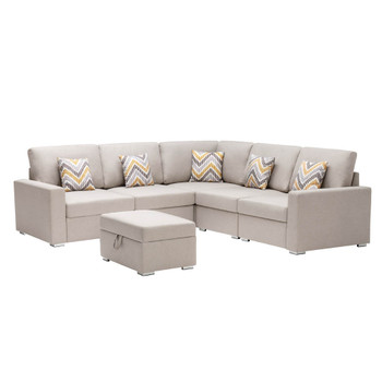 Lilola Home Nolan Beige Linen Fabric 6Pc Reversible Sectional Sofa with Pillows, Storage Ottoman, and Interchangeable Legs 89420-16