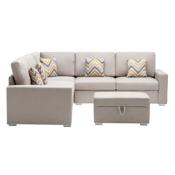Lilola Home Nolan Beige Linen Fabric 6Pc Reversible Sectional Sofa with Pillows, Storage Ottoman, and Interchangeable Legs 89420-16