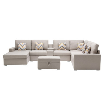 Lilola Home Nolan Beige Linen Fabric 8Pc Reversible Chaise Sectional Sofa 89420-19B