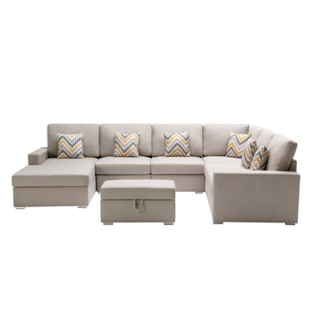 Lilola Home Nolan Beige Linen Fabric 7Pc Reversible Chaise Sectional Sofa with Interchangeable Legs, Pillows and Storage Ottoman 89420-20B