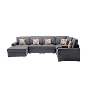 Lilola Home Nolan Gray Linen Fabric 7Pc Reversible Chaise Sectional Sofa with a USB, Charging Ports, Cupholders, Storage Console Table and Pillows and Interchangeable Legs 89425-3B