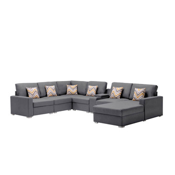 Lilola Home Nolan Gray Linen Fabric 7Pc Reversible Chaise Sectional Sofa with a USB, Charging Ports, Cupholders, Storage Console Table and Pillows and Interchangeable Legs 89425-4A