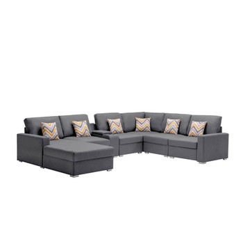 Lilola Home Nolan Gray Linen Fabric 7Pc Reversible Chaise Sectional Sofa with a USB, Charging Ports, Cupholders, Storage Console Table and Pillows and Interchangeable Legs 89425-4B
