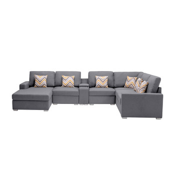 Lilola Home Nolan Gray Linen Fabric 7Pc Reversible Chaise Sectional Sofa with a USB, Charging Ports, Cupholders, Storage Console Table and Pillows and Interchangeable Legs 89425-4B