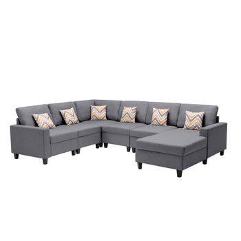 Lilola Home Nolan Gray Linen Fabric 6Pc Reversible Chaise Sectional Sofa with Pillows and Interchangeable Legs 89425-5A