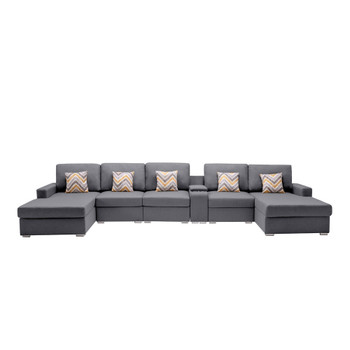 Lilola Home Nolan Gray Linen Fabric 6Pc Double Chaise Sectional Sofa with Interchangeable Legs, a USB, Charging Ports, Cupholders, Storage Console Table and Pillows 89425-6A