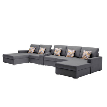 Lilola Home Nolan Gray Linen Fabric 6Pc Double Chaise Sectional Sofa with Interchangeable Legs, a USB, Charging Ports, Cupholders, Storage Console Table and Pillows 89425-6B