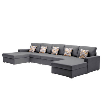 Lilola Home Nolan Gray Linen Fabric 5Pc Double Chaise Sectional Sofa with Pillows and Interchangeable Legs 89425-7