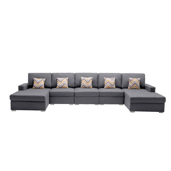 Lilola Home Nolan Gray Linen Fabric 5Pc Double Chaise Sectional Sofa with Pillows and Interchangeable Legs 89425-7