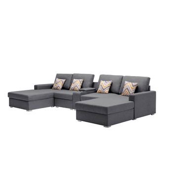 Lilola Home Nolan Gray Linen Fabric 5Pc Double Chaise Sectional Sofa with Interchangeable Legs, a USB, Charging Ports, Cupholders, Storage Console Table and Pillows 89425-8