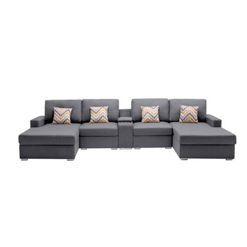 Lilola Home Nolan Gray Linen Fabric 5Pc Double Chaise Sectional Sofa with Interchangeable Legs, a USB, Charging Ports, Cupholders, Storage Console Table and Pillows 89425-8