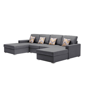 Lilola Home Nolan Gray Linen Fabric 4Pc Double Chaise Sectional Sofa with Pillows and Interchangeable Legs 89425-9