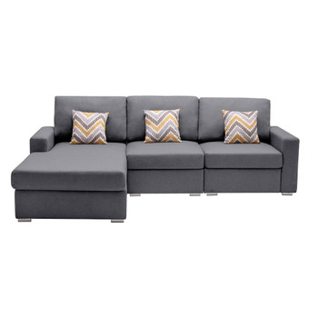 Lilola Home Nolan Gray Linen Fabric 3Pc Reversible Sectional Sofa Chaise with Pillows and Interchangeable Legs 89425-12A